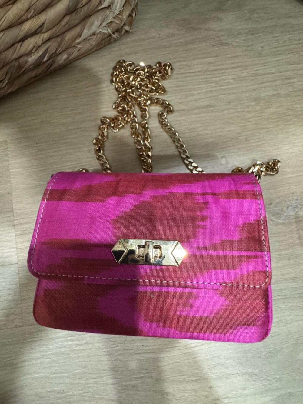 Pink Patterned Crossbody with Gold Chain and Turn-Lock